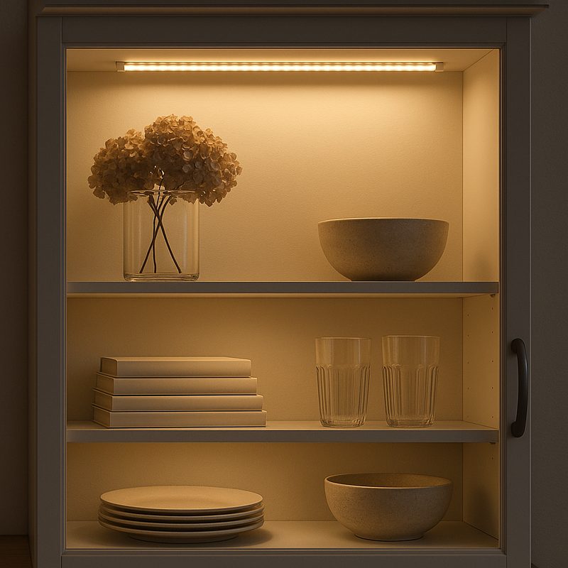 Completed battery-powered LED strip lights illuminating a display cabinet