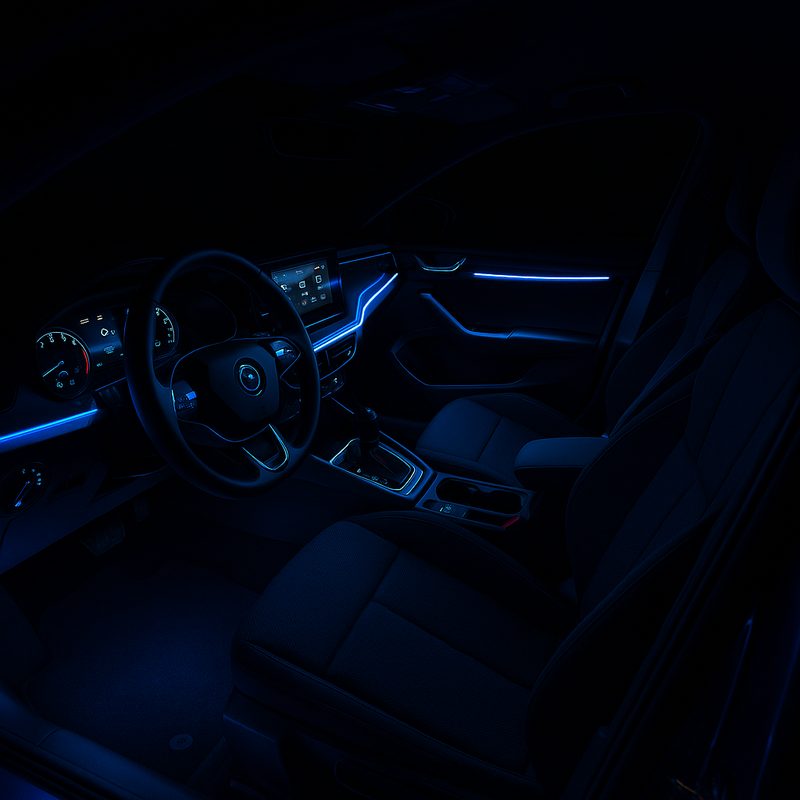 Full car interior with LED strip ambient lighting glowing blue