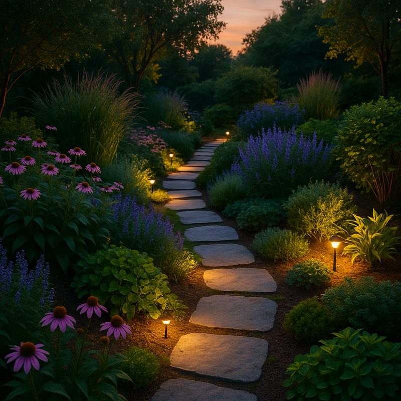 Finished landscape lighting illuminating garden path at dusk