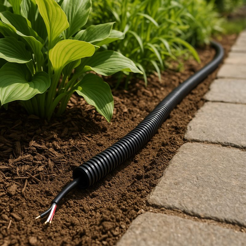 Landscape lighting wire protected with conduit in garden
