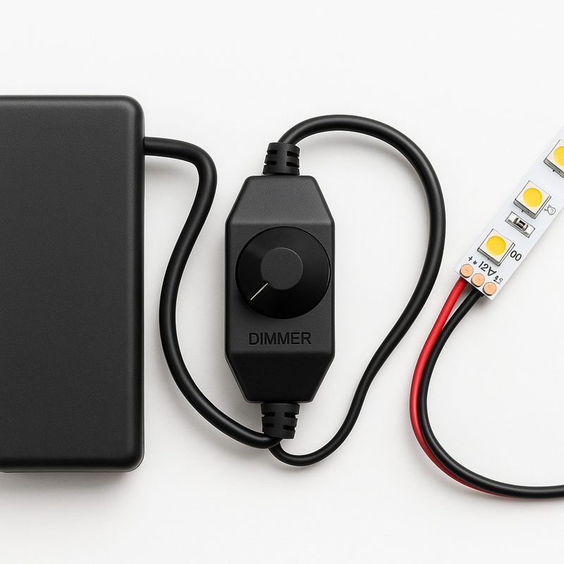 Inline dimmer switch between battery pack and LED strip
