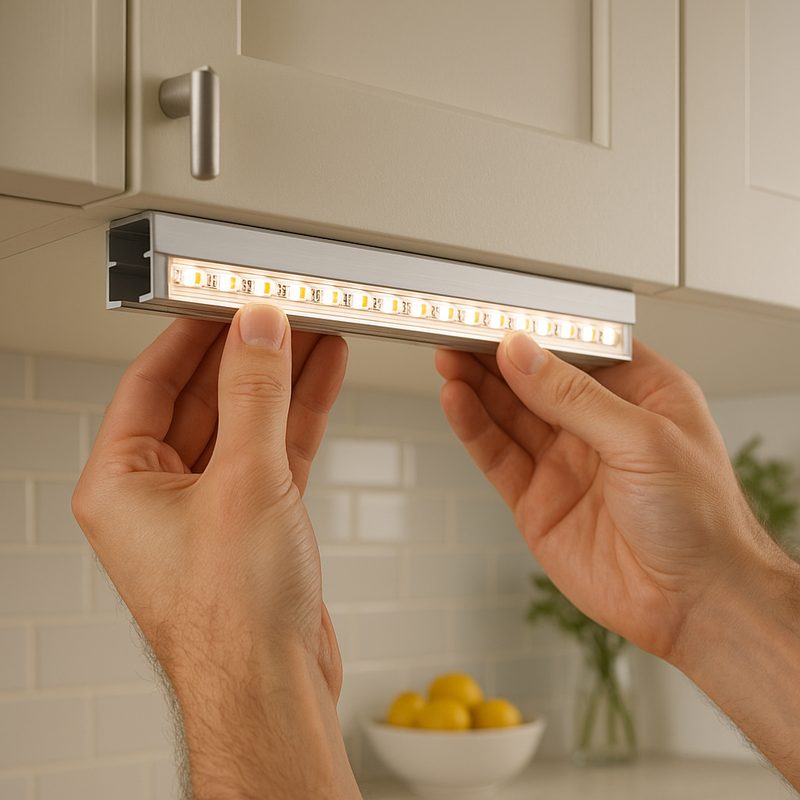 LED strip with heat sink channel installed under kitchen cabinet