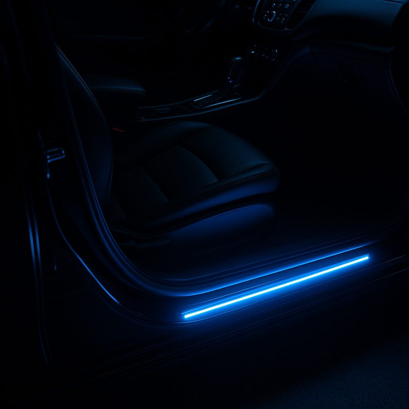 LED strip lights glowing along car door sill entry