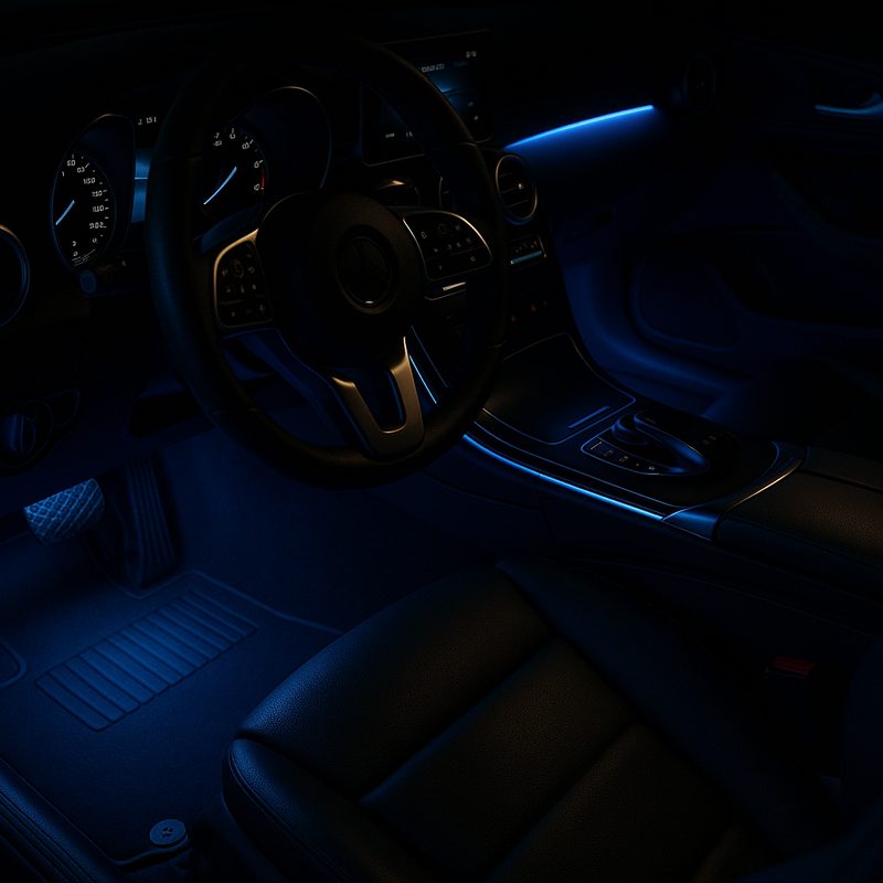 LED strip lights glowing under car dashboard interior