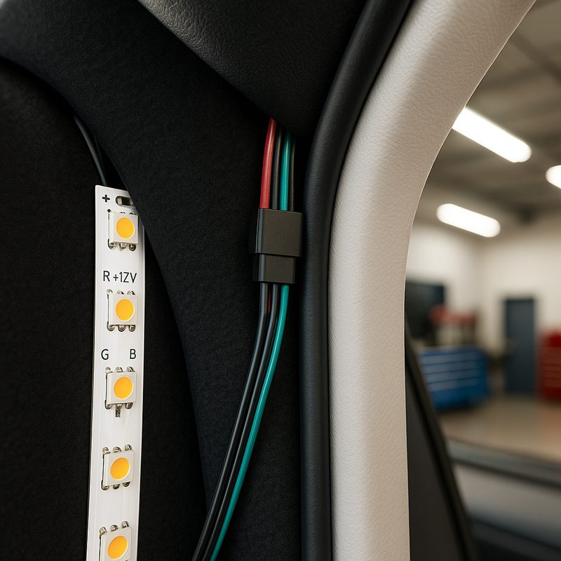 LED strip wire routed neatly behind car interior trim panel