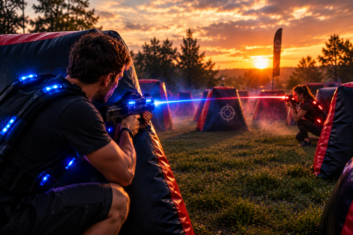 Players in LED vests firing laser tag guns behind barriers